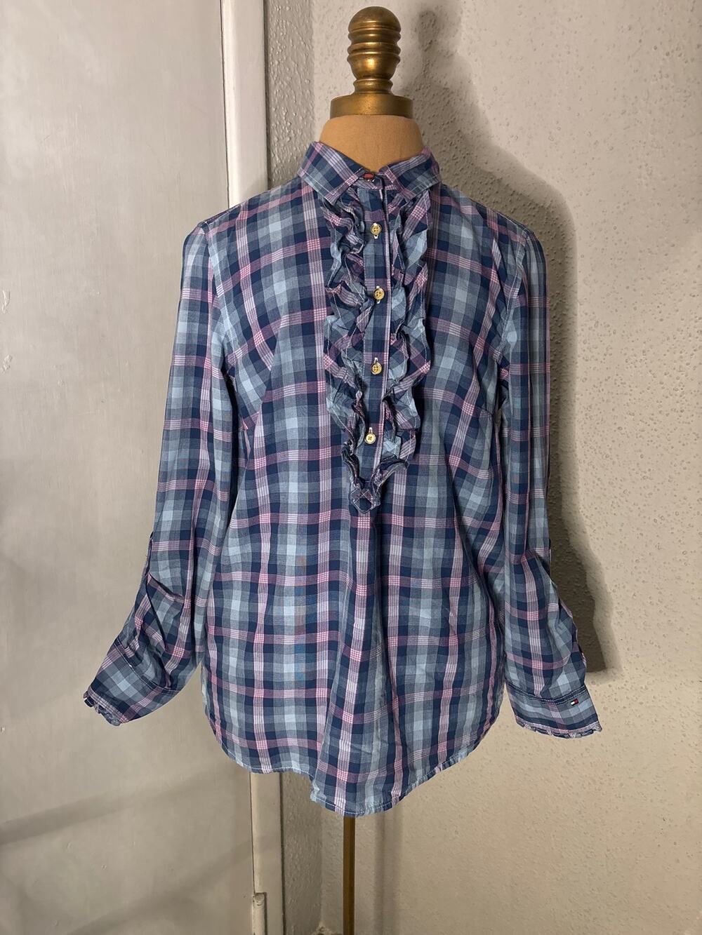 Tommy Hilfiger Plaid Ruffle Front Long Sleeve Top M Academia Classic Preppy Twee